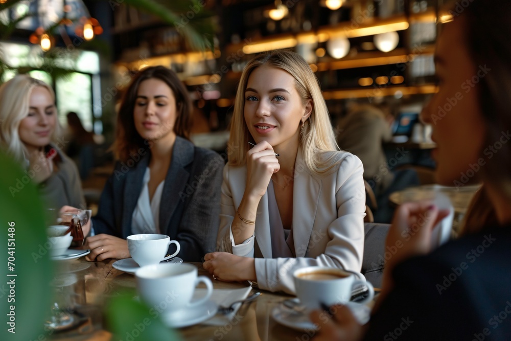 Group of people drinking coffee. A group of business woman enjoying coffee together, looking at camera. Generative AI