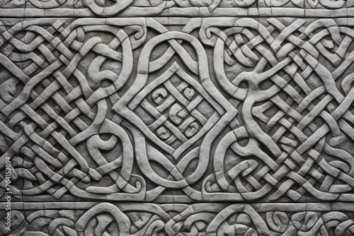 Wall texture material of sculpted stone with design inspired by Celtic knows, worked surface