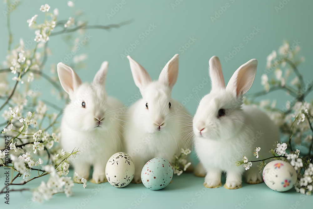 Three cute white bunnies laid among coloured easter eggs. Three cute white bunnies laid among coloured easter eggs.