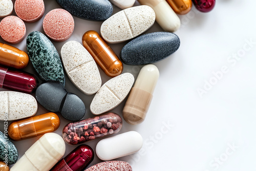 Top view shot of colorful variety of pharmaceutical pills in different colors and shapes, medicine tablets background, generative ai