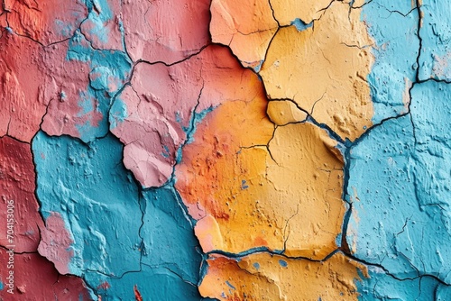 A close up of a peeling paint on a wall, corful grunge wallpaper background photo