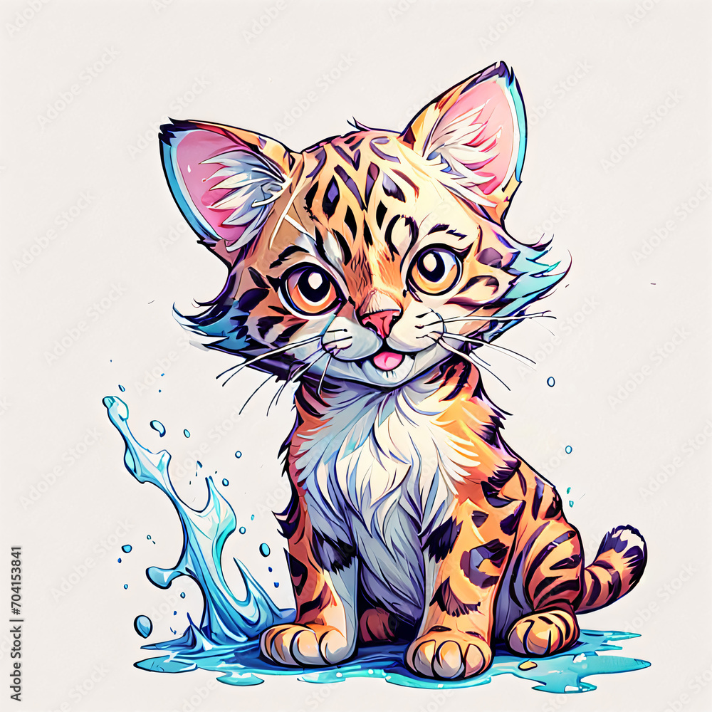 Bengal Cat in Watercolor Illustration