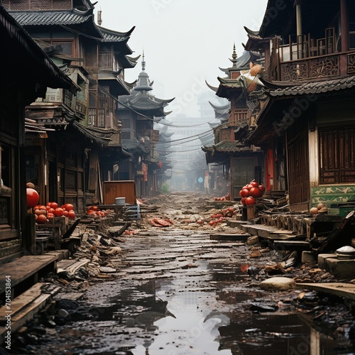 Ruined ancient Chinese architecture with red lanterns
