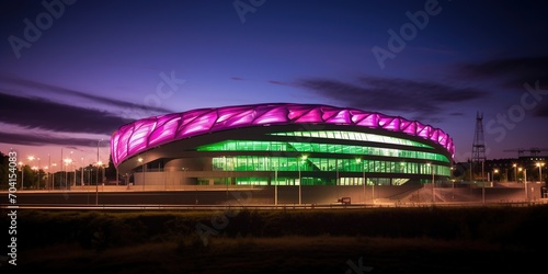Modern stadium with a colorful light display at night