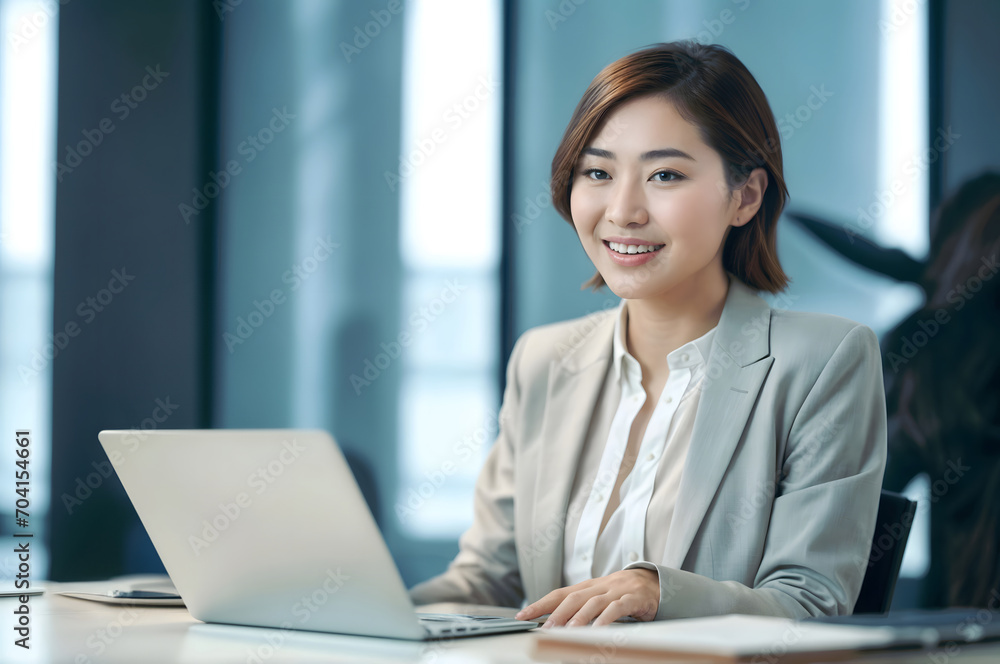 Office Working Girl, Pretty and Cute Asian Smile is sitting in front of Laptop Computer in Office Environment Background created with generative AI. Office Working Girl, Pretty and Cute Asian Smile is sitting in front of Laptop Computer in Office Environment Background created with generative AI.