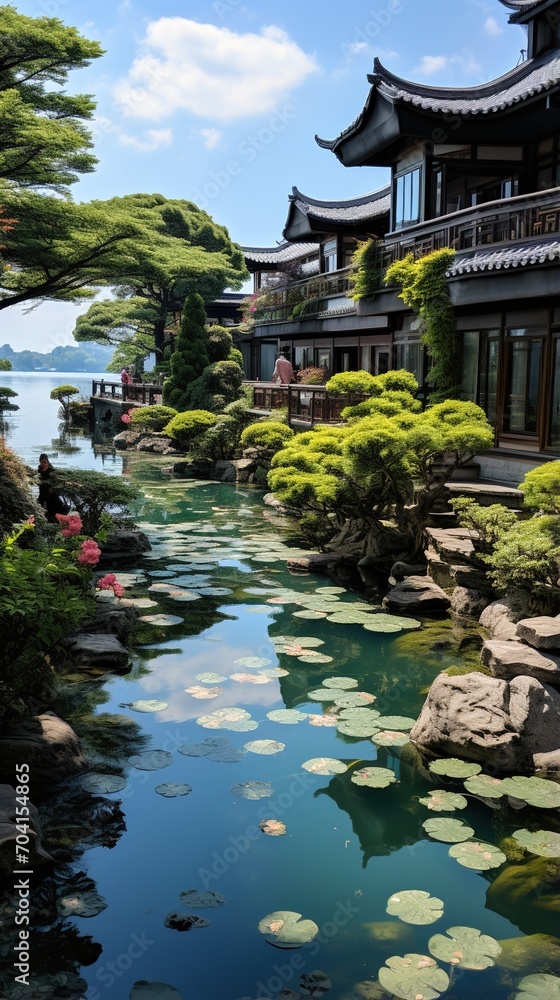 Fototapeta premium Oriental lake house with reflection in water