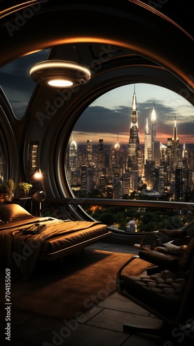 Futuristic bedroom with a view of the city at night
