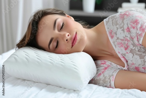 Head of a woman sleeping on orthopedic pillow, quality of sleep, for neck headache prevention.
