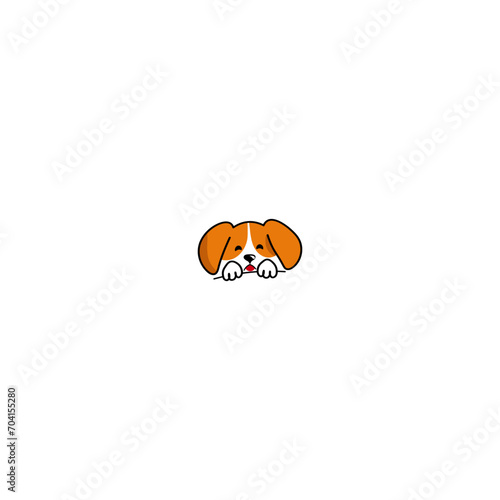 A cute beagle puppy paws up over wall, dog face cartoon, vector illustration.