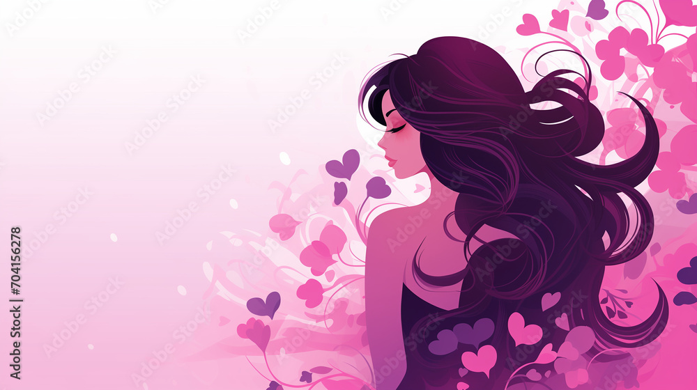 Woman's silhouette set against shades of purple, on a gradient pink background adorned with romantic floral motifs Woman's silhouette set against shades of purple, on a gradient pink background adorned with romantic floral motifs