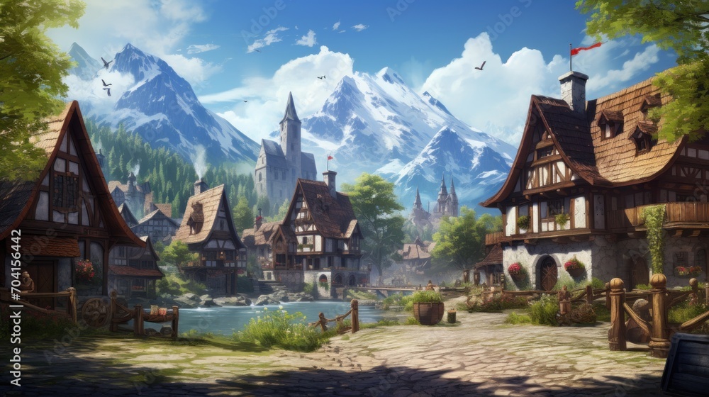 Naklejka premium Fantasy RPG Village Game Artwork