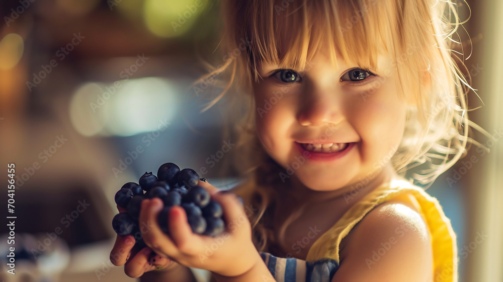 Little girl holds ripe wild black cretan grapes in her hands at home - obrazy, fototapety, plakaty 