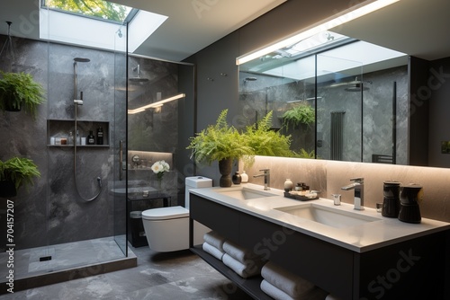 Ensuite bathroom with dark marble tiles and green plants photo