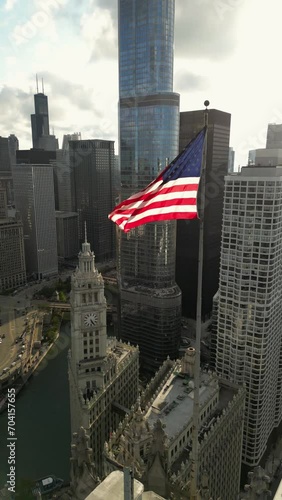 USA Flag Downtown Chicago Aerial View