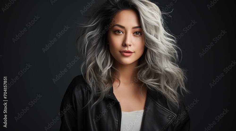 portrait of a beautiful asian woman with long silver hair wearing a black leather jacket