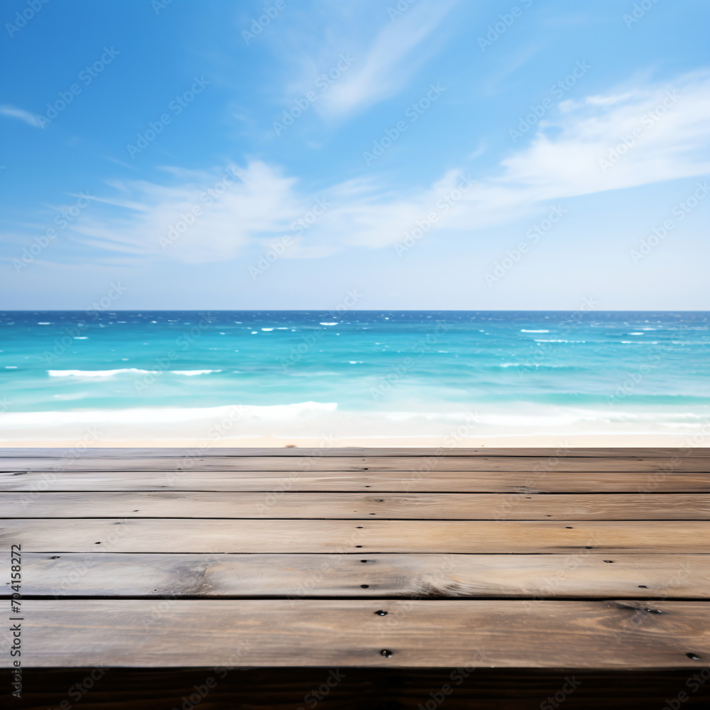 Wooden table with blurred beach and ocean background Wooden table with blurred beach and ocean background