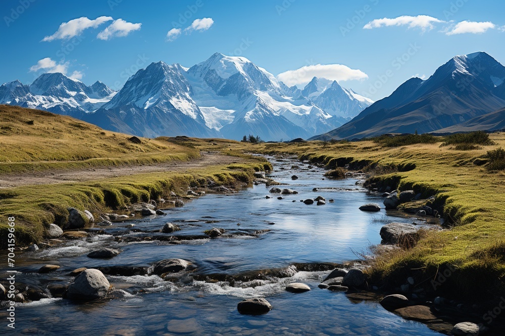 majestic snow capped mountain range with river in foreground