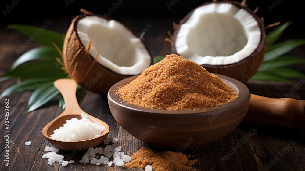 Coconut with Coconut Sugar on dark Background. Coconut with Coconut Sugar on dark Background.