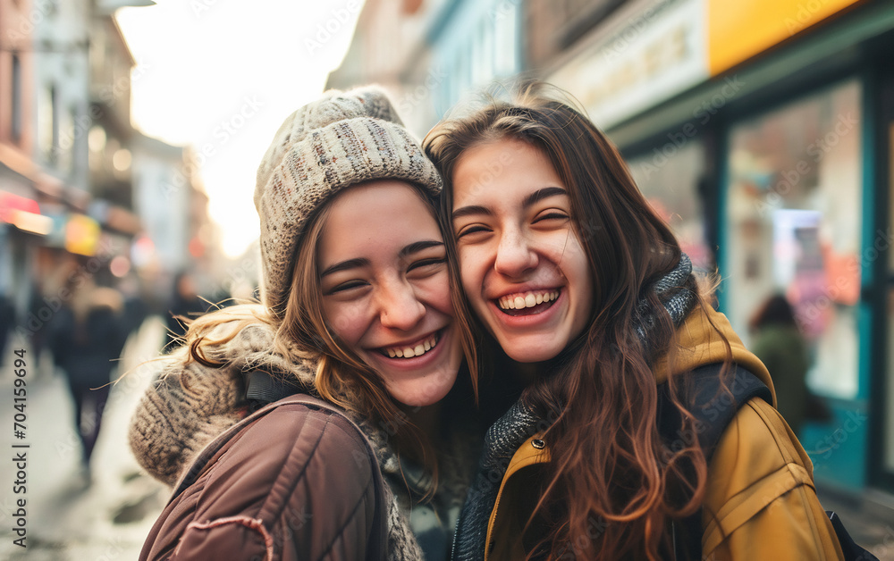 Portrait of happy woman friends hugging each other on city street, young female friends spending the day outside Portrait of happy woman friends hugging each other on city street, young female friends spending the day outside