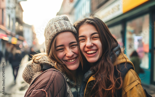 Portrait of happy woman friends hugging each other on city street, young female friends spending the day outside