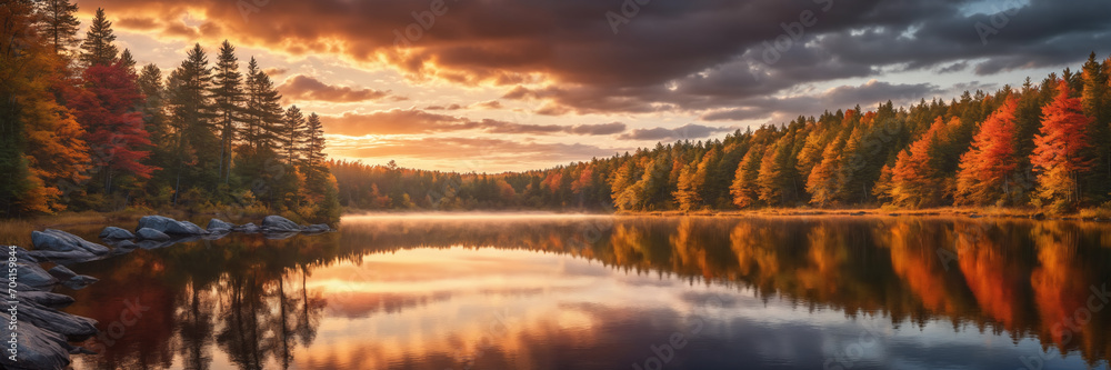 A breathtaking scene of cloudy sky, trees and rocks reflected in the still waters of the lake at sunset, creating a serene and tranquil landscape. Generative AI