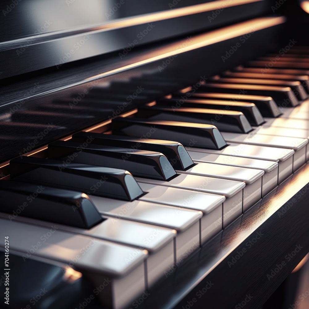 Close-up of piano keys with warm lighting, detailed view of an elegant piano keyboard Close-up of piano keys with warm lighting, detailed view of an elegant piano keyboard