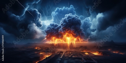 Fantasy landscape with a volcanic eruption