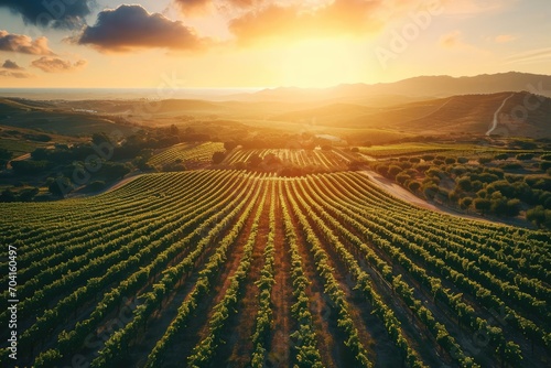 Aerial view of a sprawling vineyard at sunset