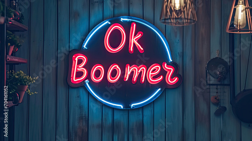 OK Boomer written on a neon sign. Gen Z slang