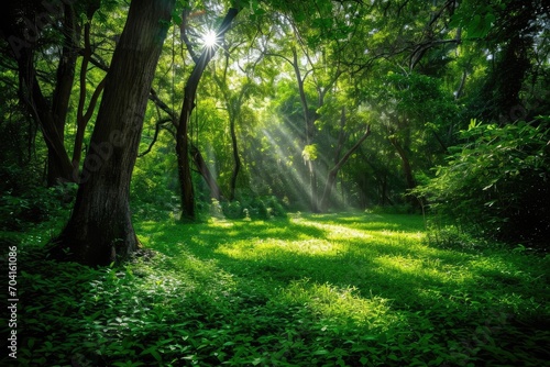 Lush green forest with sunlight filtering through trees photo