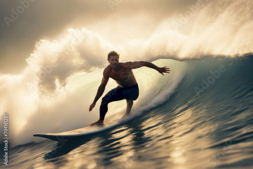Surfing Photo Series - Male Surfer Tube Ride in Barrel of Wave, created with Generative AI technology