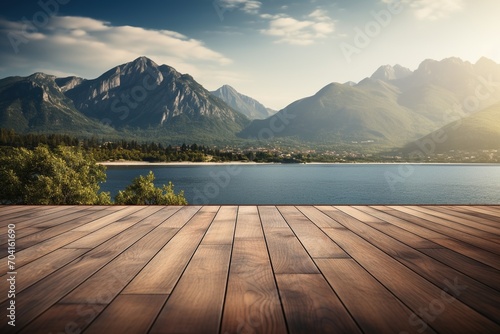 Wooden dock over calm lake with mountain landscape in the distance © duyina1990