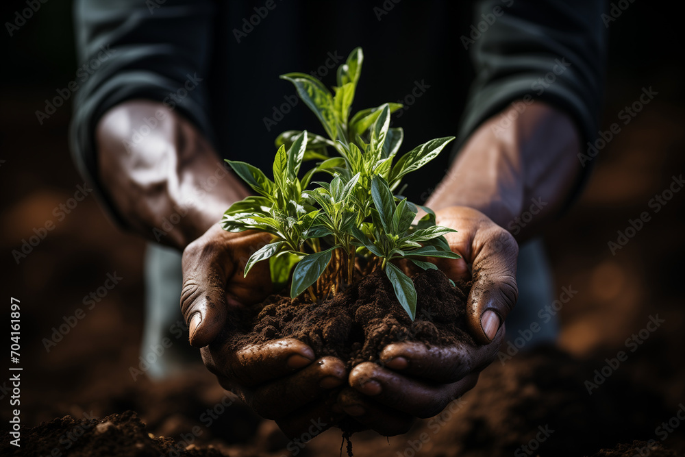 Hands Holding Earth with a Sprout,  Close-Up Hands Cultivating Soil, Green Sprout Emerging in Tribute to World Environment Day - obrazy, fototapety, plakaty 