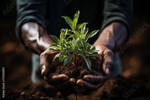 Fotobehang Hands Holding Earth with a Sprout,  Close-Up Hands Cultivating Soil, Green Sprou