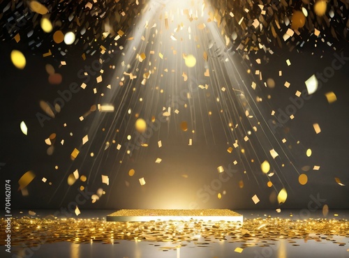golden confetti rain on festive stage with light beam in the middle, empty room at night with copy space for award ceremony, jubilee, New Year's party or product presentations 