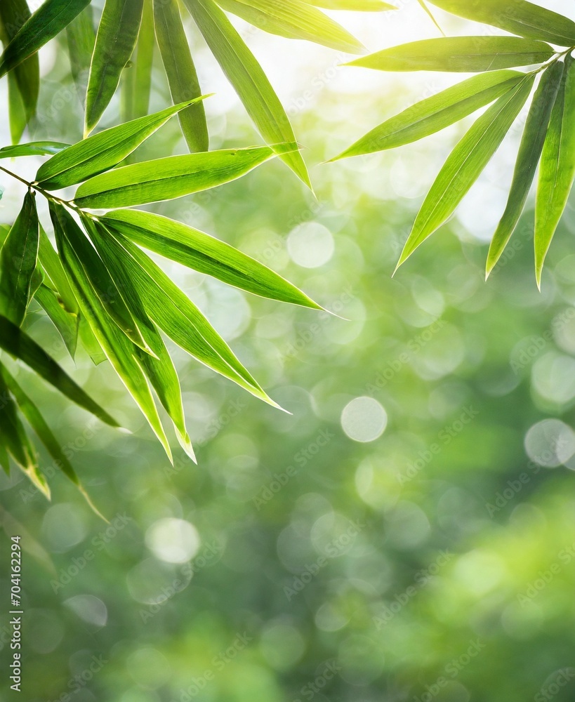 Frame of fresh green bamboo leaves isolated on blurred abstract sunny background banner, nature scene with asian spirit and copy space Frame of fresh green bamboo leaves isolated on blurred abstract sunny background banner, nature scene with asian spirit and copy space