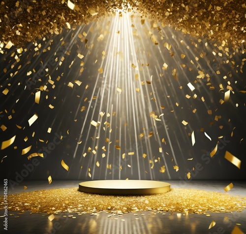 golden confetti rain on festive stage with light beam in the middle, empty room at night with copy space for award ceremony, jubilee, New Year\'s party or product presentations