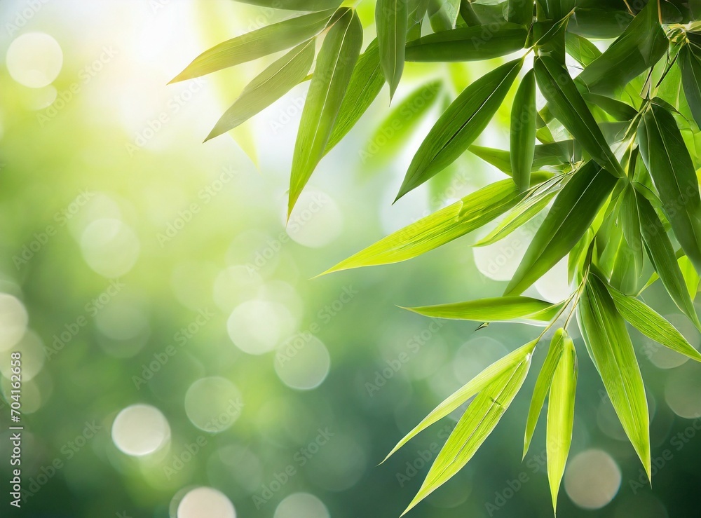 Frame of fresh green bamboo leaves isolated on blurred abstract sunny background banner, nature scene with asian spirit and copy space Frame of fresh green bamboo leaves isolated on blurred abstract sunny background banner, nature scene with asian spirit and copy space