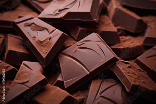 Close view of decadent chocolate shards, pieces of chocolate, dark brown background photo