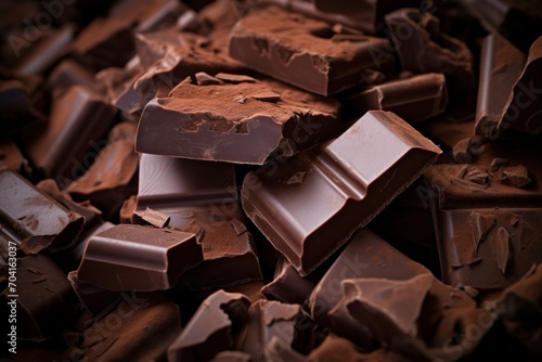 Dark chocolate pieces broken into chunks, rich, bittersweet chocolate in close-up, chocolate background