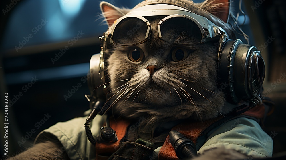 A cat wearing a pilot's helmet and goggles