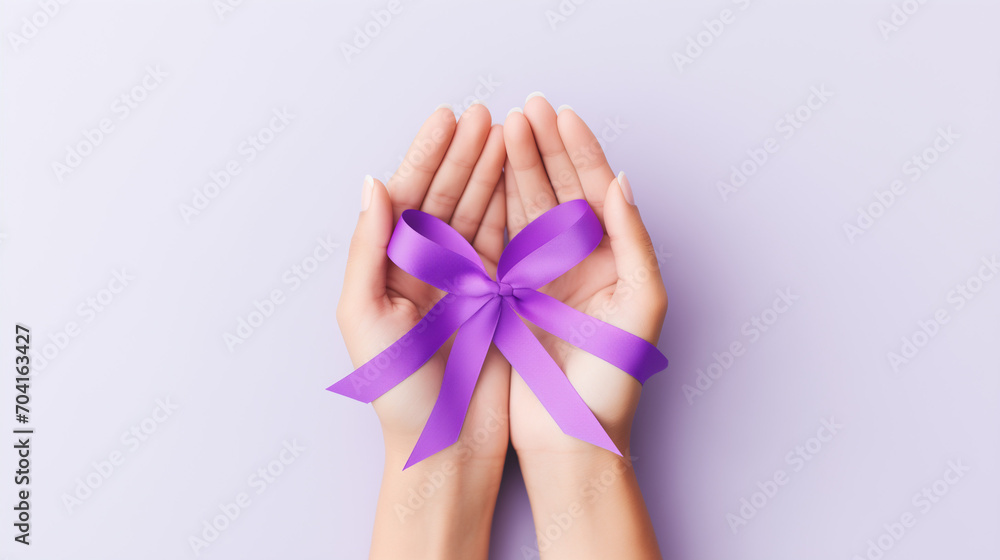 Unity and support with two hands holding a purple ribbon, a symbol of strength and awareness Unity and support with two hands holding a purple ribbon, a symbol of strength and awareness