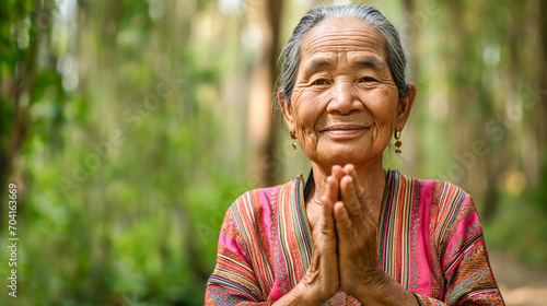Old asian woman holds her hands in prayer outdoor - Model by AI generative