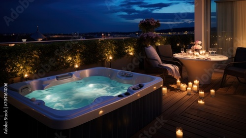 Jacuzzi on the terrace of Luxury Hotel. Spa complex  vacation and traveling concept