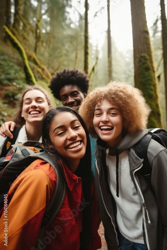 Diverse group of friends hiking in the woods