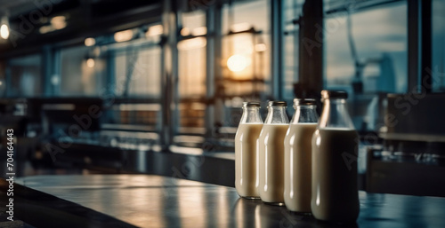 plant for the production of milk and dairy products, conveyor belt with bottles of milk photo