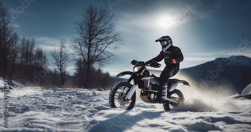 motocross on an enduro motorcycle in the snow in winter, a motorcyclist in equipment and a helmet rides off-road
