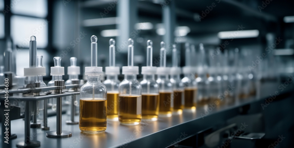 production of medicines in ampoules at the factory, conveyor belt with medicines