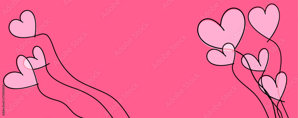 Light air balloon hearts, wavy line art drawing on pink background.