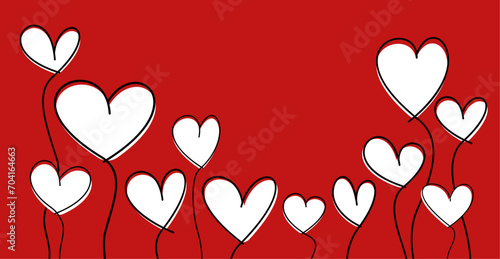 Light air balloon hearts, wavy line art drawing on red background.